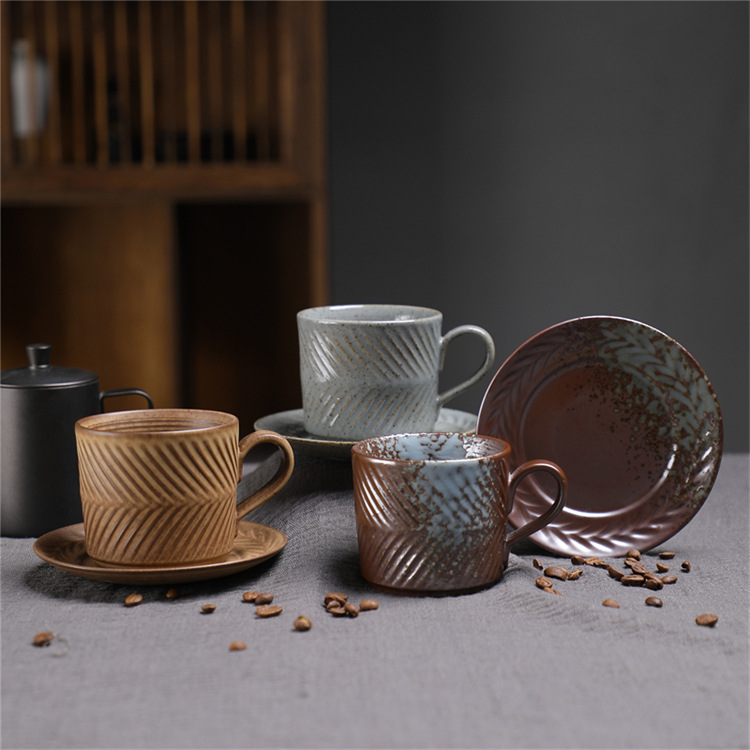 Ceramic Coffee Cup Set Wabi-sabi Style Japanese Embossed Ceramic_voghion.com