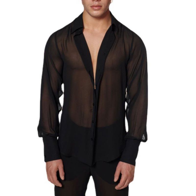 2025 Spring New Men's Thin European and American Casual Lapel Dense Mesh Personalized Long-Sleeved Sexy See-Through Shirt