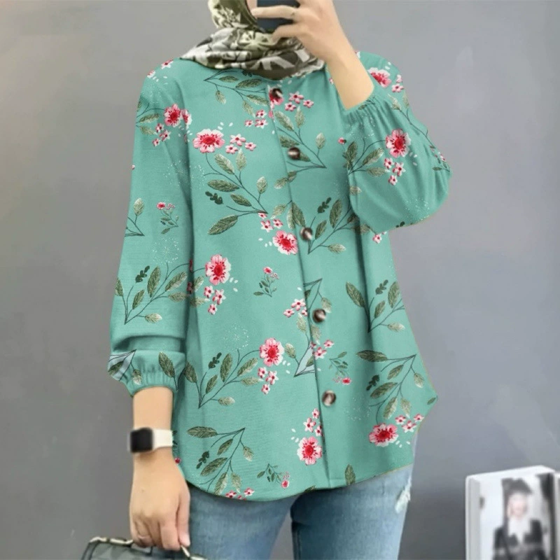 Кросс-бордерная женская мусульманская рубашка с цветочным принтом Amazon Ближний Восток Малайзия 2024, модные пышные рукава, оптовая партия от производителя