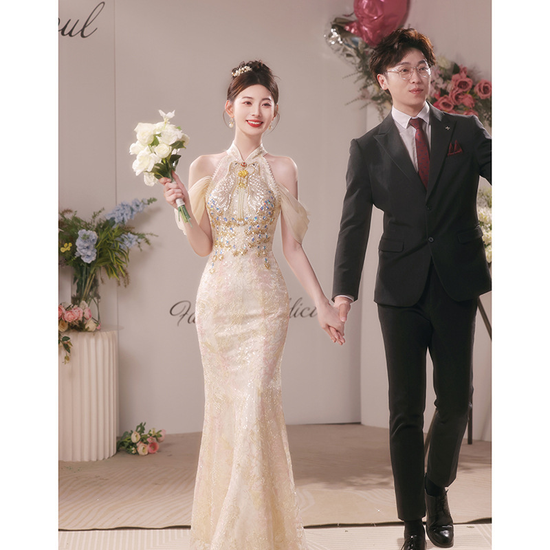 Chinese-Style Qipao Toast Dress for Bride, 2026 Summer Wedding Engagement Dress, Light Luxury Niche Annual Party Fishtail Gown