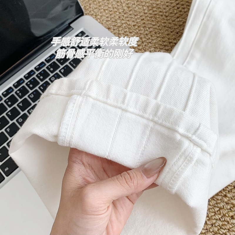 偏爱Vibe*分割线白色牛仔裤女夏中腰直筒裤百搭阔腿裤子|undefined