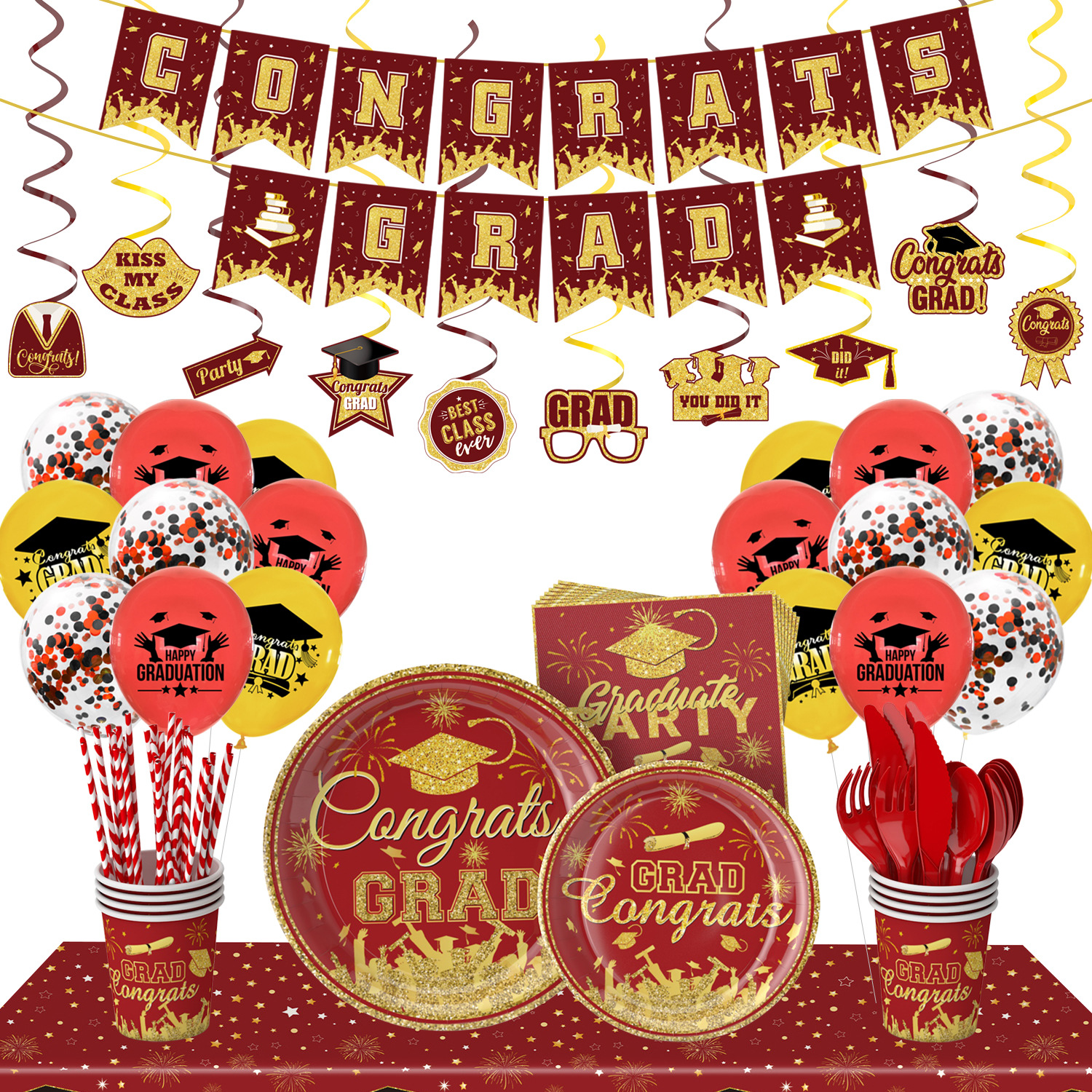 Amazon nuevo oro rojo graduación temporada tema Fiesta decoración plato de papel desechable taza de papel tire bandera decoración traje