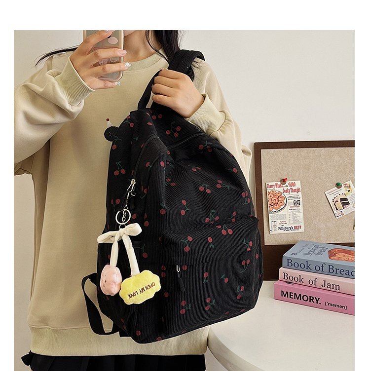 1197g Weight Polyester Lining Material Zipper Closure Type Double Shoulder Straps Strap Type Casual, School, Daily Occasion Corduroy Material Back To School Festival School Backpack Backpack Cherry Pattern All Seasons Season Women's Gender Cute Style Shell Shape Cherry Casual School Daily School Backpack 19