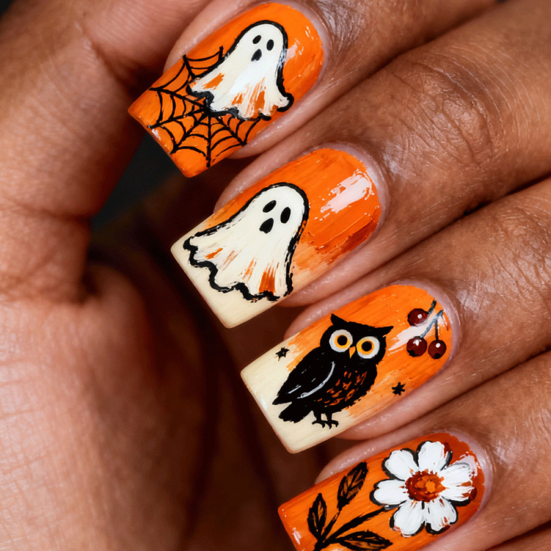 Halloween Wearable Nails with Orange Gradient Ghost Owl Spider Web Pattern Retro Removable Fake Nails Halloween Wearable Nails with Orange Gradient Ghost Owl Spider Web Pattern Retro Removable Fake Nails