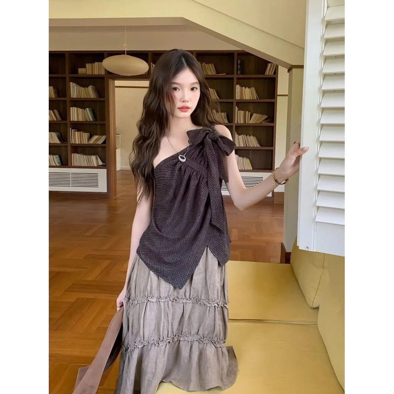 法式度假风女夏季新款蝴蝶结斜肩吊带背心上衣蛋糕半身裙子套装潮|undefined