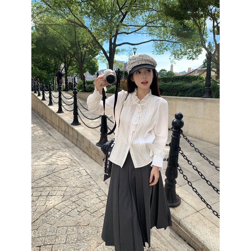 Hhyii 麦瑟尔日记白色法式衬衫女高级感别致小衫花边立领叠穿上衣|undefined