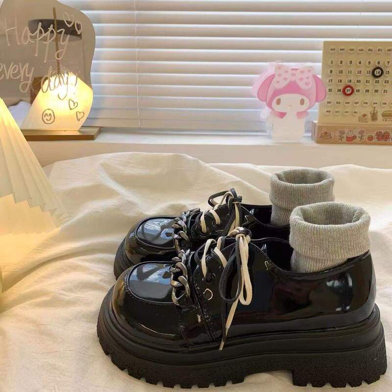 厚底增高黑色链条系带大头小皮鞋女春秋2025新款复古英伦风单鞋子|undefined