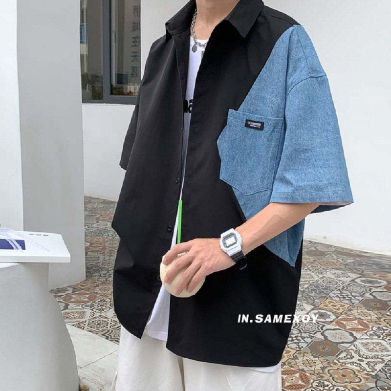 Short-sleeved Shirt Men's Denim Stitching Summer Korean-style Fashionable All-match Student Loose plus size Handsome Men's Top