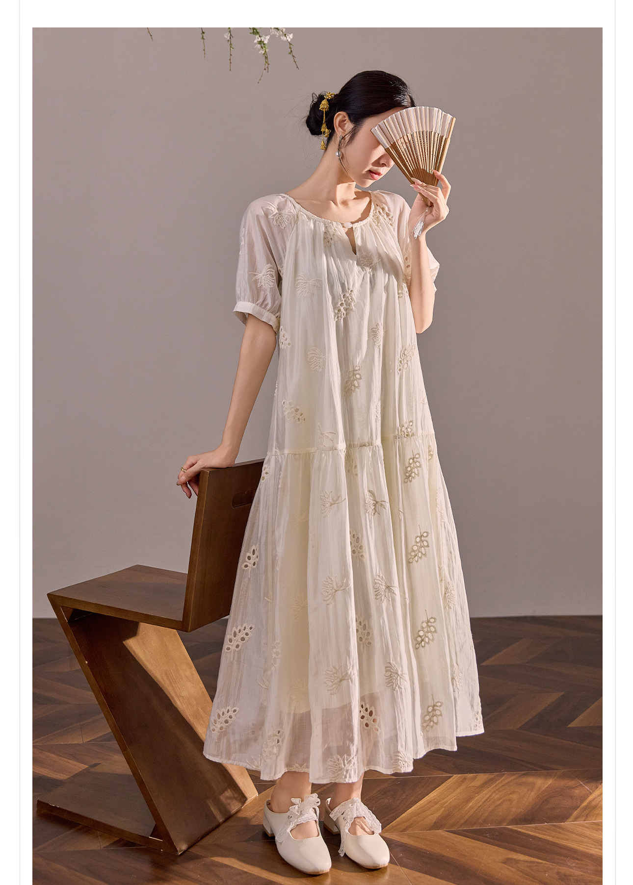 Váy maxi dáng rộng phong cách Trung Hoa mới cao cấp mùa hè chất Tencel cho người dáng nhỏ — Màu trắng nhạt chi tiết 10
