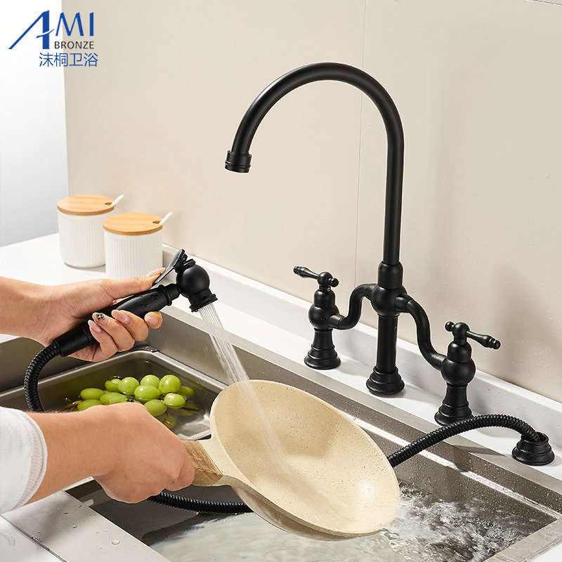 All-Copper European-Style Kitchen Faucet with Pull-Out Spray Gun, Three-Hole or Four-Hole, Hot and Cold, Rotatable, for Sink, Dual Handle All-Copper European-Style Kitchen Faucet with Pull-Out Spray Gun, Three-Hole or Four-Hole, Hot and Cold, Rotatable, for Sink, Dual Handle