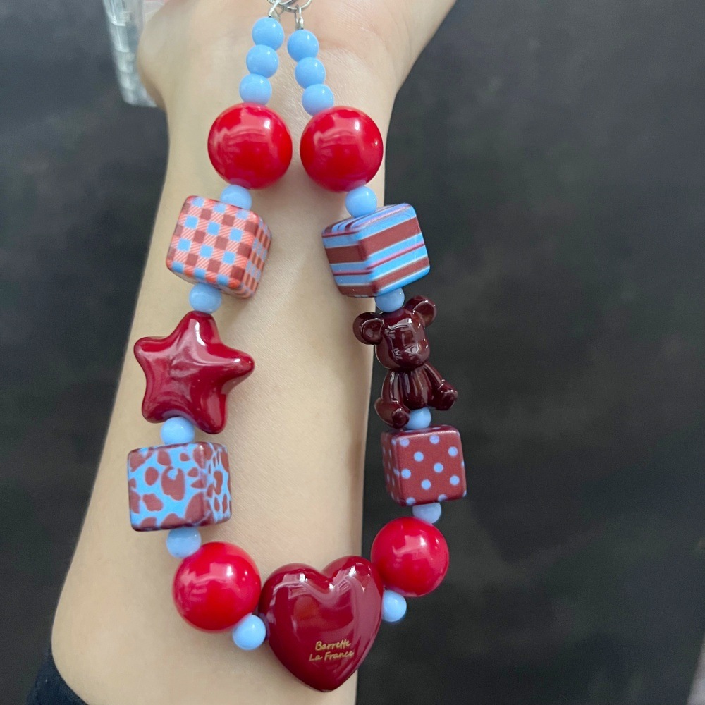 Angola Burgundy Violent Bear Heart-Shaped Phone Lanyard Camera Bag Charm Keychain High-End Accessory