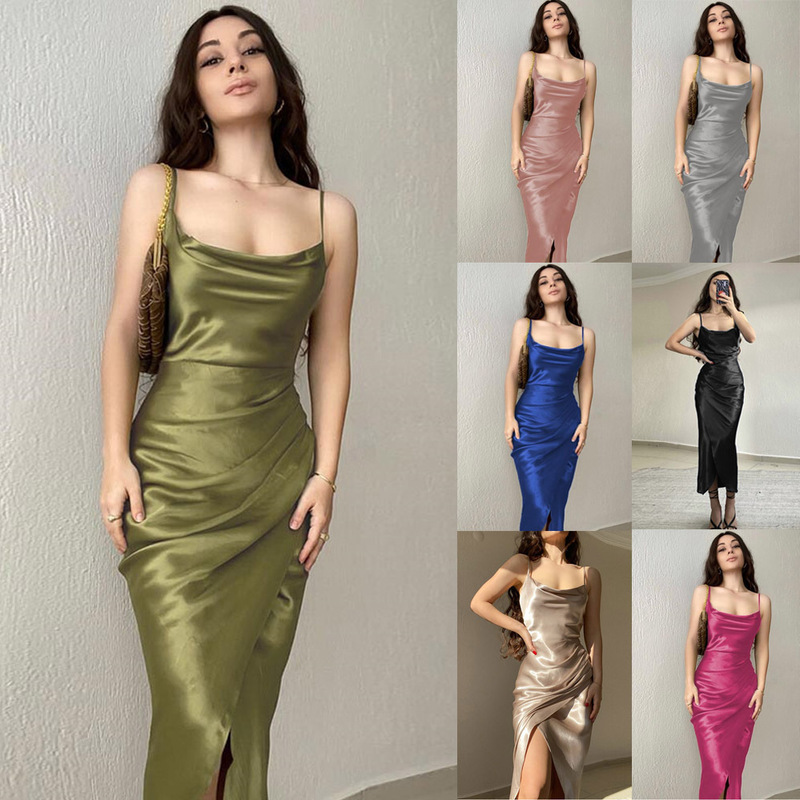 Cross-border 2024 European and American hot girl style sexy low-cut satin split strap dress new slim casual dress Cross-border 2024 European and American hot girl style sexy low-cut satin split strap dress new slim casual dress