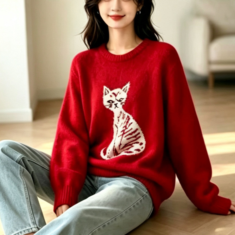 美拉德咖色小猫提花圆领毛衣短袖秋冬百搭设计感小众可外穿针织