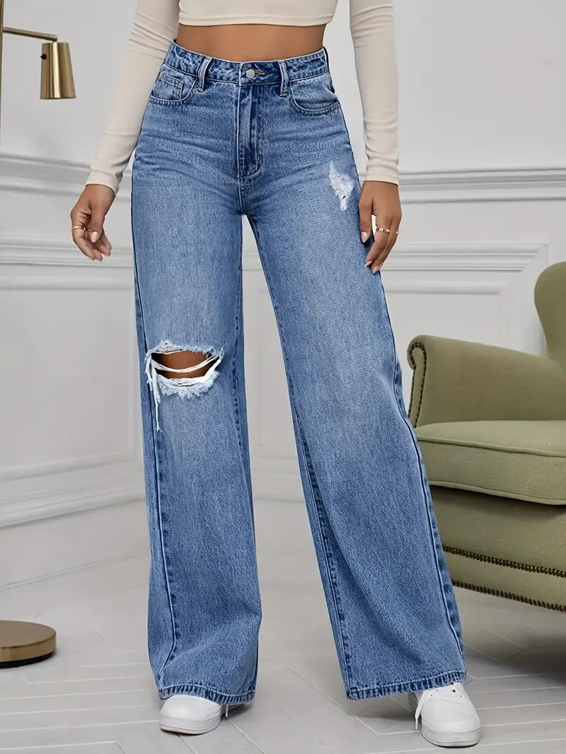 Wide Leg Straight Leg High Waist Floor Pants With Ripped Jeans_ecoleips.com