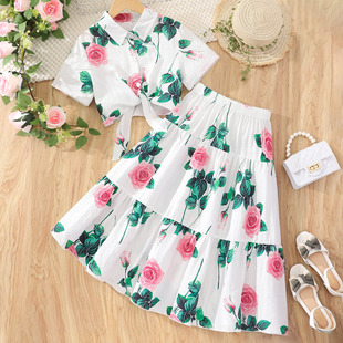 Cross-border new girls short sleeve lapel flower printed skirt suit a generation of hair