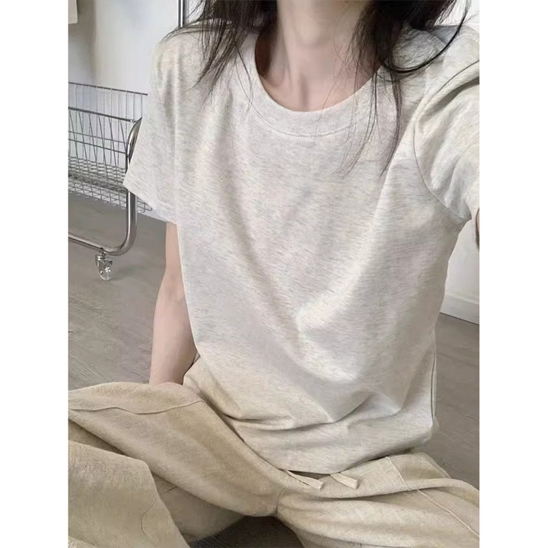 High-End Pure Color Milk White Gray T-Shirt for Women in Summer for Small People Pure Cotton Short-Sleeved Right Shoulder Loose Round Neck Versatile Top