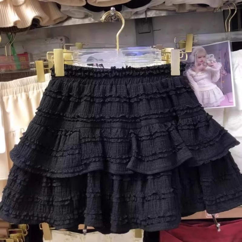 法式芭蕾风蛋糕裙女夏季2025新款甜美高腰显瘦a字蕾丝花边短裙子|undefined