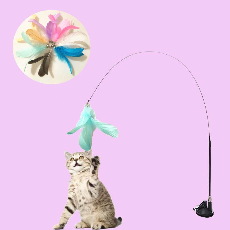 공장 도매 강한 흡입 컵 강철 와이어 고양이 놀리는 스틱 분리 가능한 핸드 헬드 깃털 교체 가능한 머리 고양이 놀리는 고양이 장난감