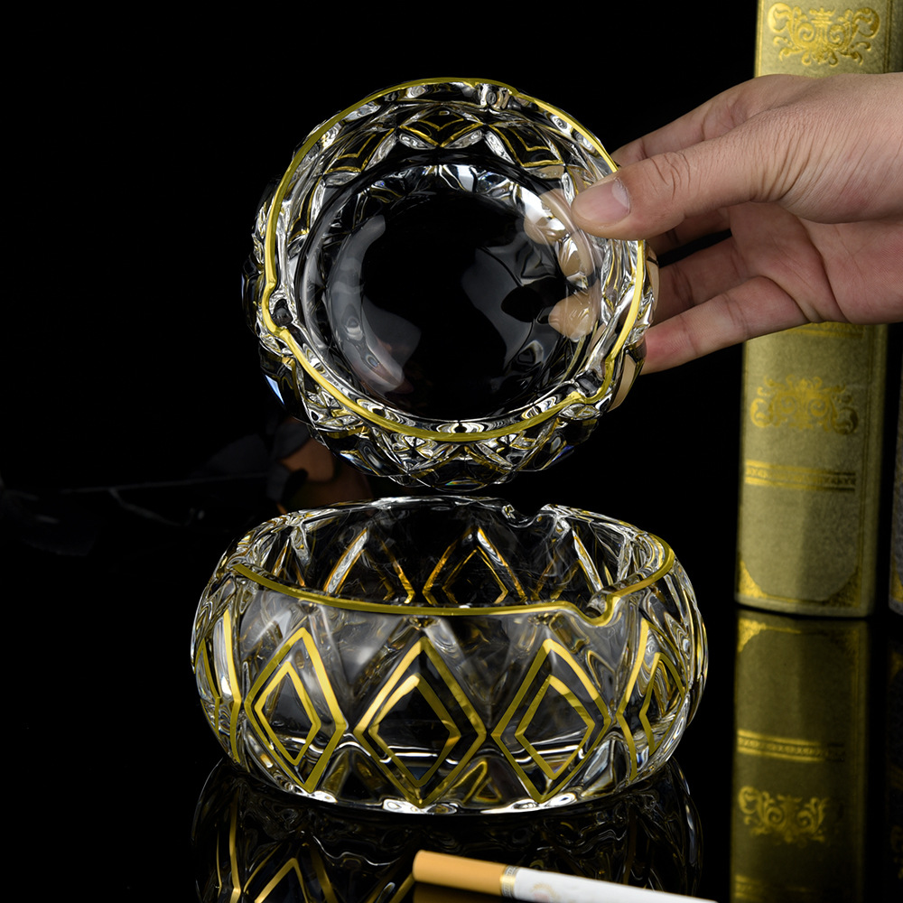 家用办公室创意烟灰缸水晶玻璃客厅高档雪茄烟碟轻奢手工描金烟缸
