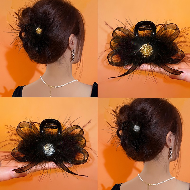 Cintas de alto nivel brillante plumas rascar pinzas de pescado caña de invierno mujer cabeza trasera pinzas de cabello pinzas de cabello tocado