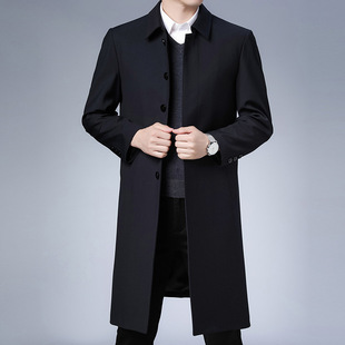 Middle-Aged Men's Business Formal Lapel Concealed Button Spring and Autum Long Pure Color Windbreaker Diagonal Pocket Executive Style