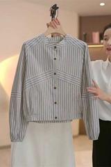 条纹衬衫女秋秋新款小众设计感圆领长袖衬衣时尚宽松短款上衣