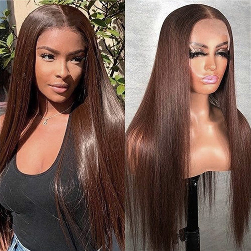 Cross-Border European and American 13*4 Front Lace Wig for Women Brown Long Straight Hair Chemical Fiber Headgear Body Wave Lace Wig