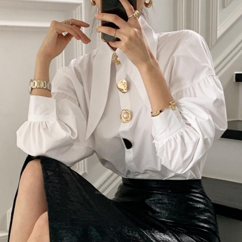 Pointed Collar Blouse for Women White Shirt with Abstract Print Office-to-Date A-Line Top Single Button Closure XS-3XL_voghion.com