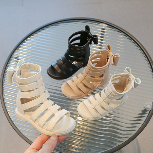 Children's Roman Shoes 2024 Summer New Fashion Han Version Girl Princess Bowknot High Top Sandals