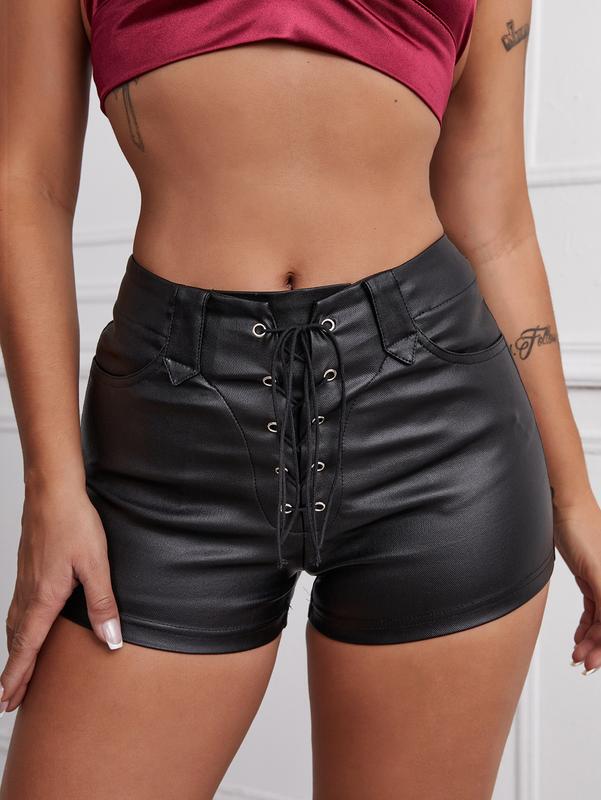 Y 97532 Low Waist Strap Pu Leather Shorts Low Waist Tie Strap Pu Leather Shorts