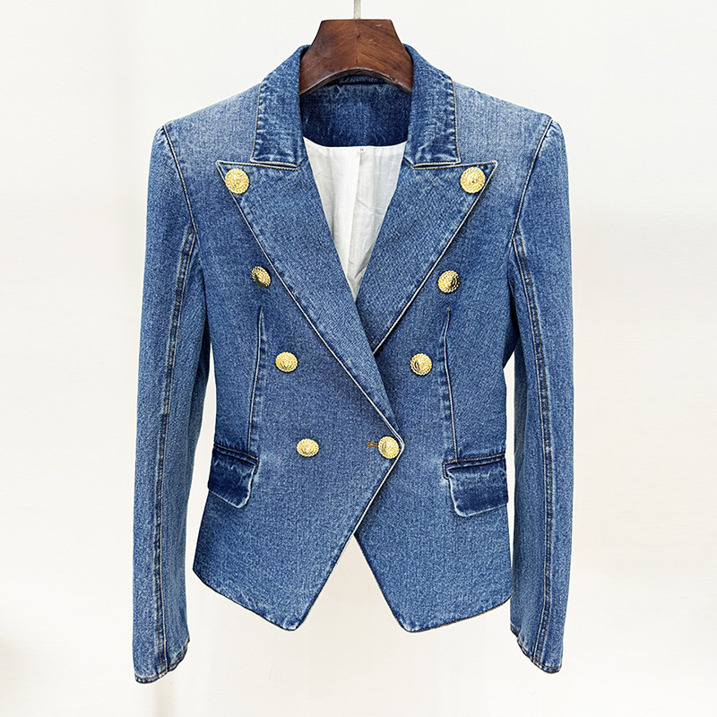 In Stock 2026 New Style European and American Celebrity Elegant Slim Double-Breasted Washed Denim Blazer Jacket
