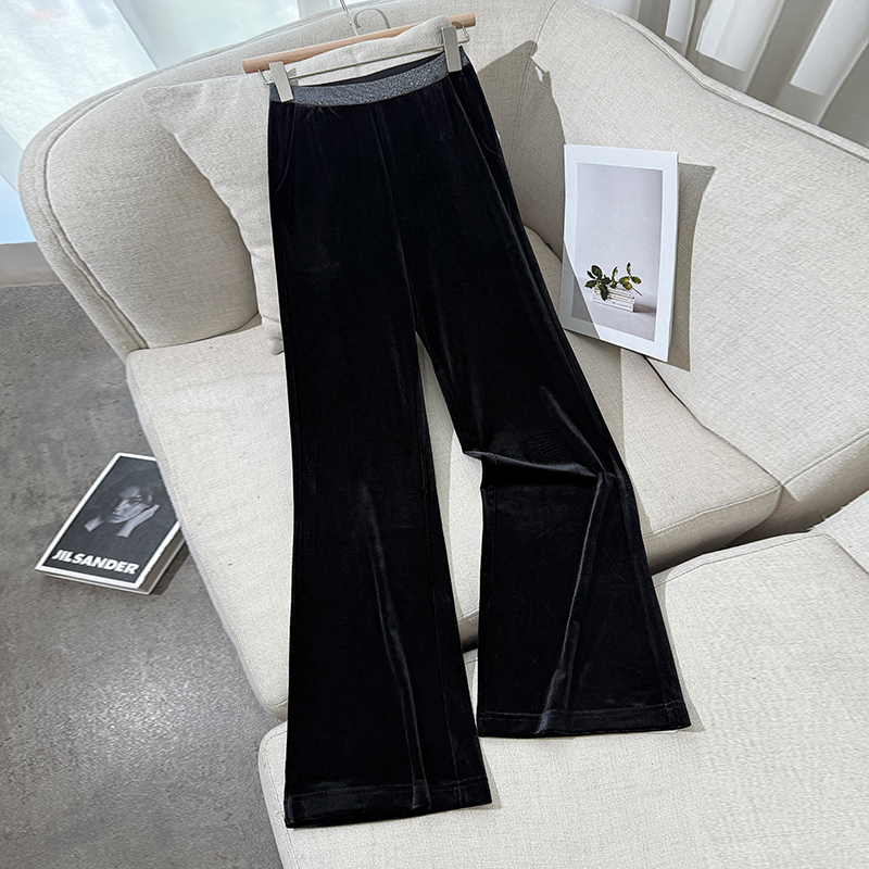 Imported Black Velvet Wide-Leg Pants for Women, Spring and Autumn New High-Waisted, Slim-Fit, Narrow Straight-Leg Casual Pants