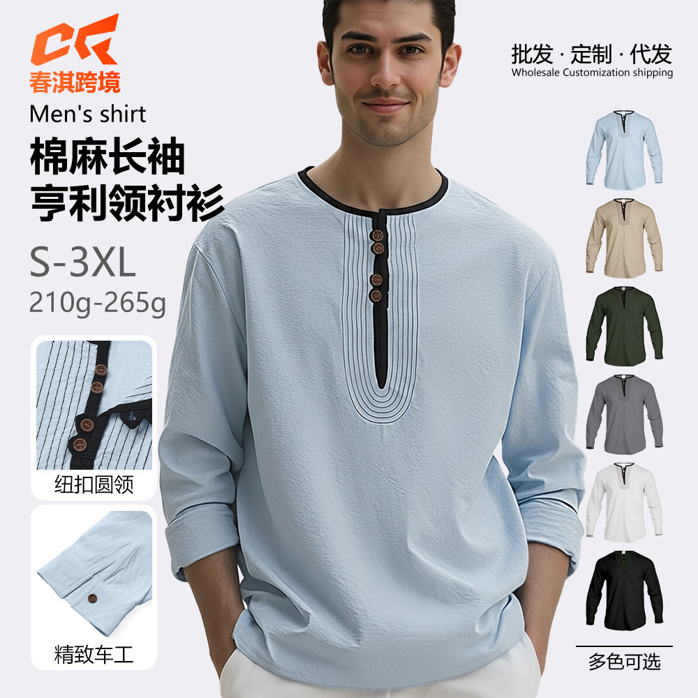 Amazon nueva camisa de playa casual de hombre europea y americana TEMU algodón lino deserto camisa polo de manga larga