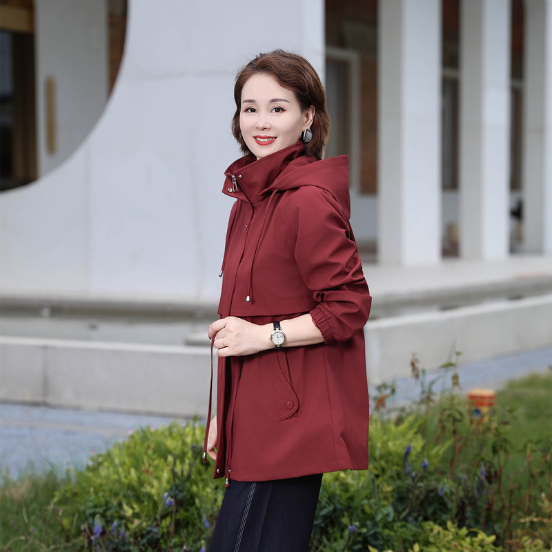 女士春秋装风衣外套中长款2025新款妈妈风衣女秋季大码连帽上衣|undefined
