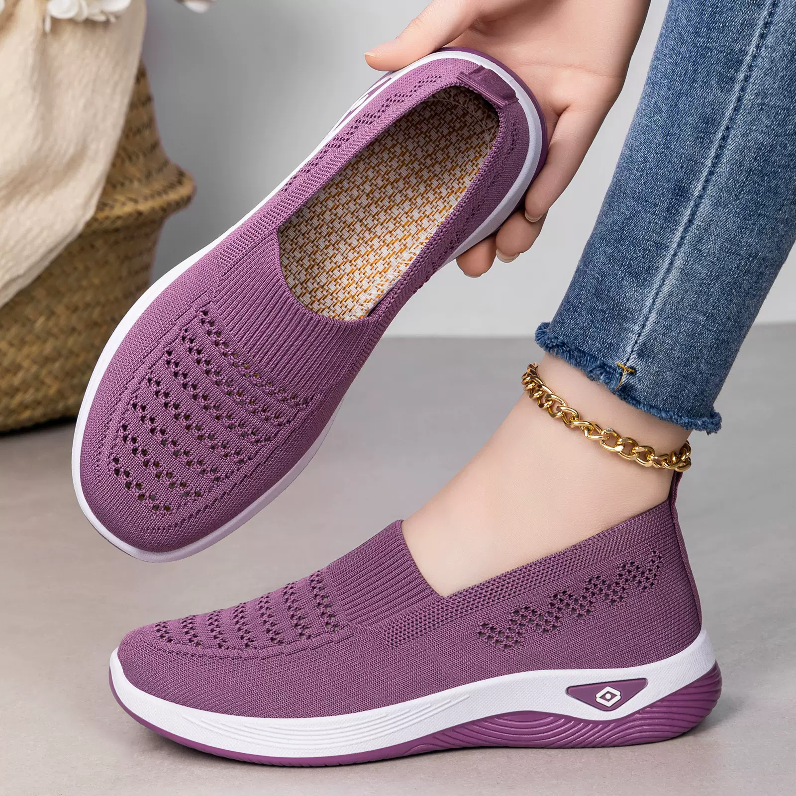 鞋子女鞋跨境大码shoes单鞋飞织透气休闲鞋纯色百搭平底鞋妈妈鞋