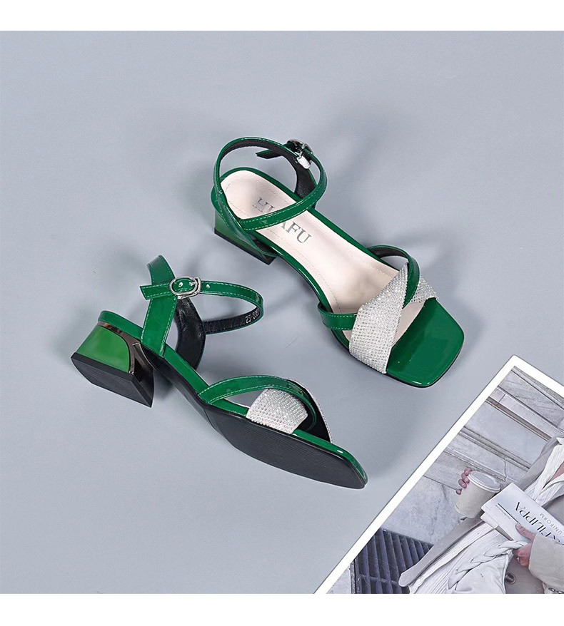 Sandal cao gót nữ quai ngang đính đá pha lê, gót vuông ổn định, chất da thật — Màu đen chi tiết 11