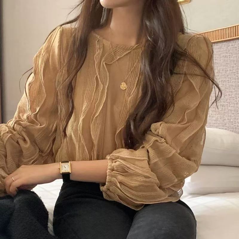 2025 Spring South Korea Ruffled Tassel Mesh Long Sleeve Lace Shirt Permeable Hollow Crochet Shirt Top