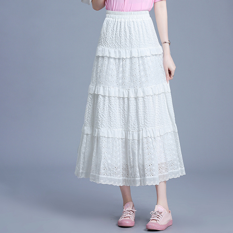 Shiffon summer white lace cute fresh long skirt