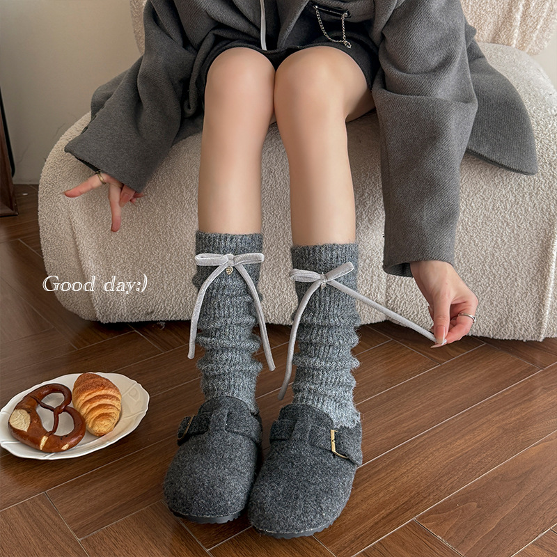 Scaldamuscoli Bootshang Calzini di cotone per donna Autunno e inverno Calzini con fiocco in pile Polsini spessi e caldi in lana Coprigambe per bambina_voghion.com
