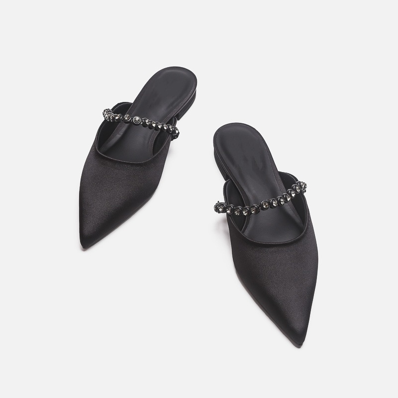 Silver Gemstone Chain Pointed Toe Mules For Women Elegant Flats_voghion.com