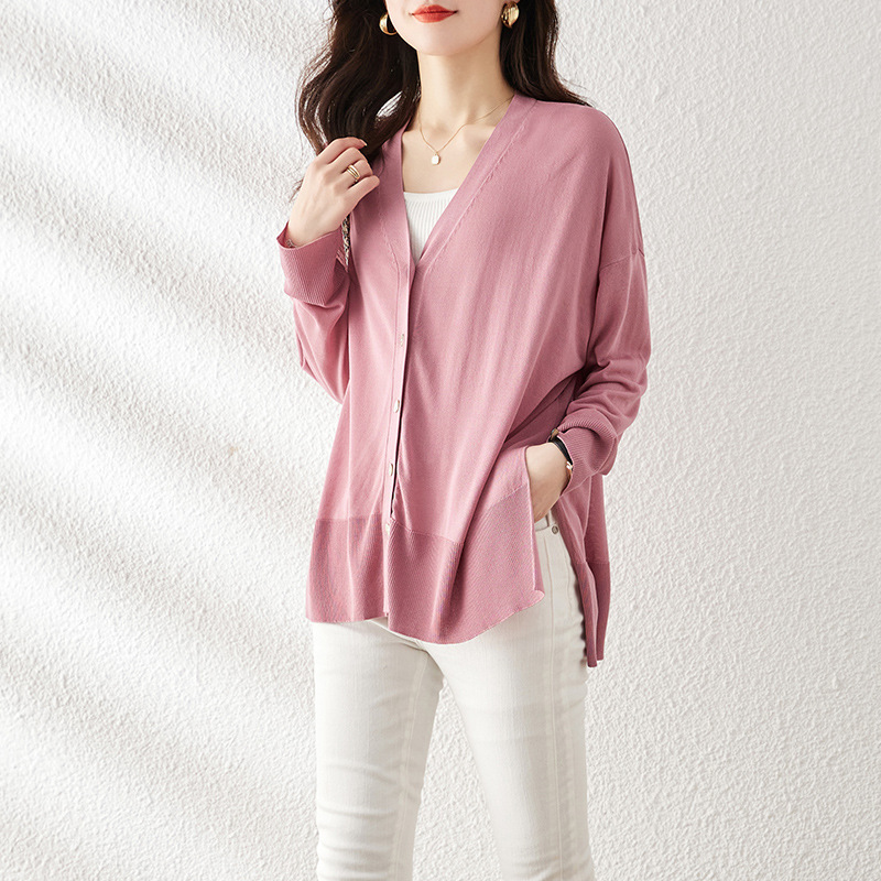 Mid-length Solid Color Sunscreen Ice Silk Knitwear Women's Spring and Summer Thin Cardigan plus size Women's Shawl Top Coat