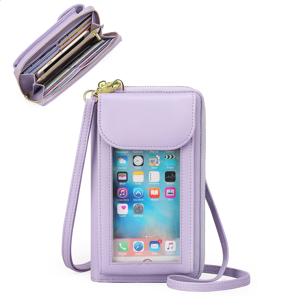Amazon New Vertical Mobile Phone Bag PU Leather Transparent Touchscreen Crossbody Bag Multifunctional Wallet with Wrist Rope