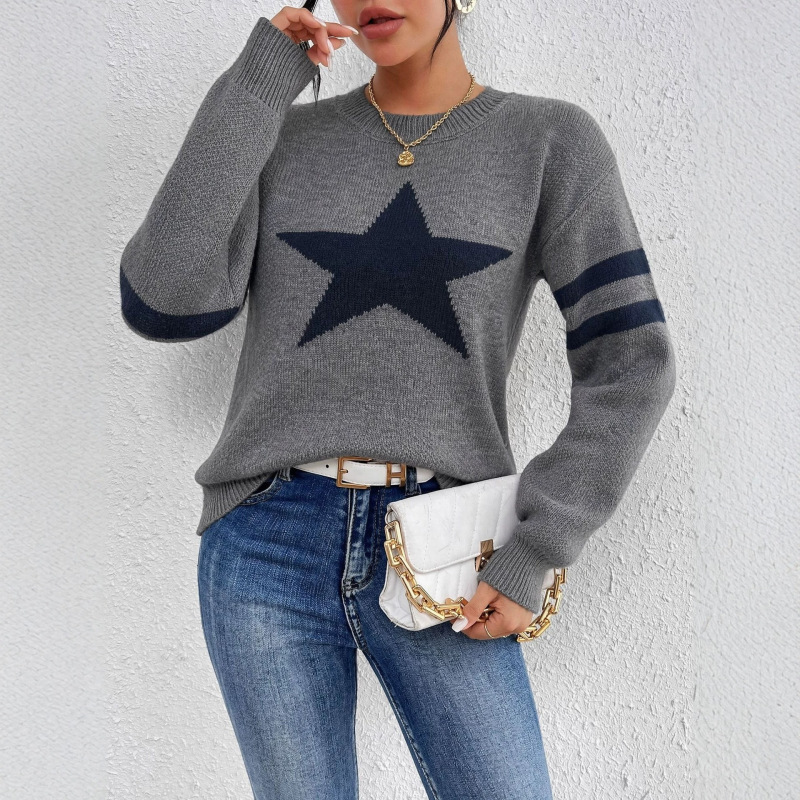 American retro navy blue large five-pointed star round-neck knit sweater for women with double stripes, long sleeves, casual and relaxed style