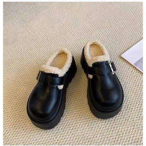 Chunky-sole height-increasing fleece-lined cotton shoes—autumn and winter new fashion all-match closed-toe Birkenstock-style cotton shoes for women, perfect for outdoor wear.