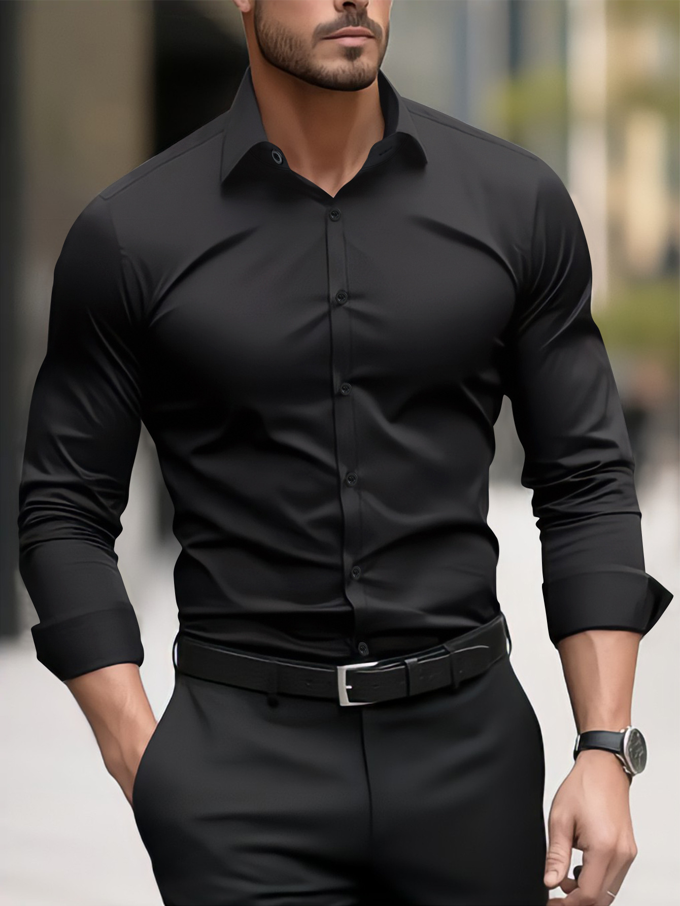 Men's Clothing Fashion Business Casual Pigment Men's Long Sleeved Shirt Red_voghion.com
