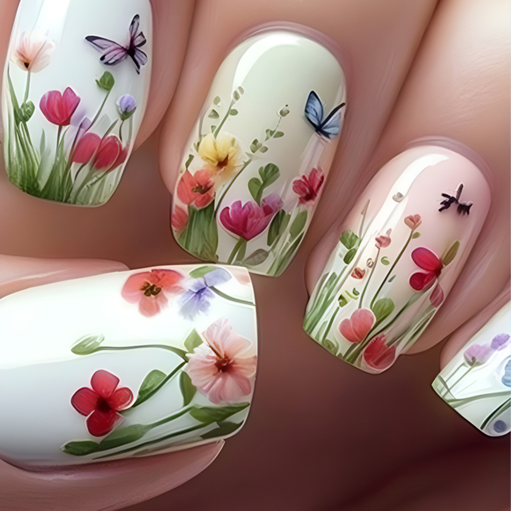 Flor simple Parche de uñas postizas terminado Mariposa dulce y fresca