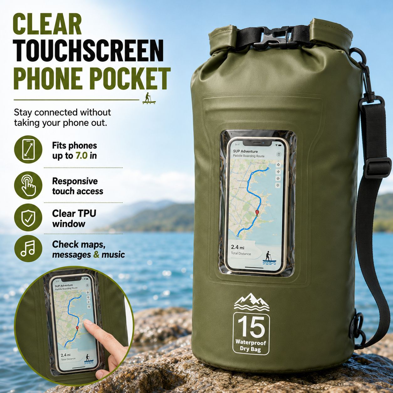 3L IPX8 Waterproof Dry Bag Backpack with Touch Screen Phone Pocket Outdoor Waterproof Bag
