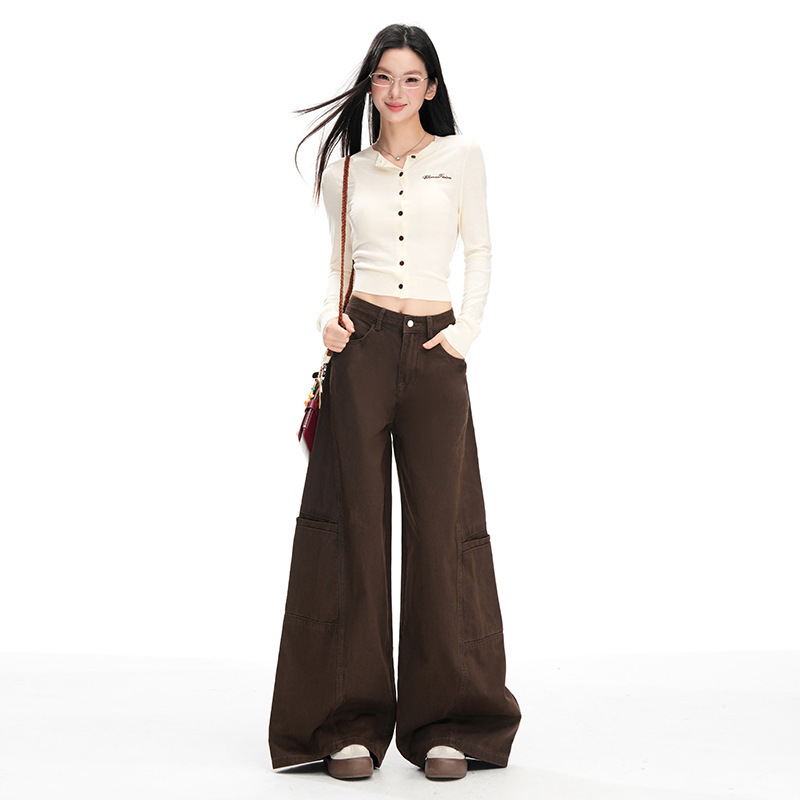 Fleece-Lined Autumn and Winter New American Style Hot Girl Workwear Wide-Leg High-Waisted Jeans for Women, Loose Casual Versatile Long Pants