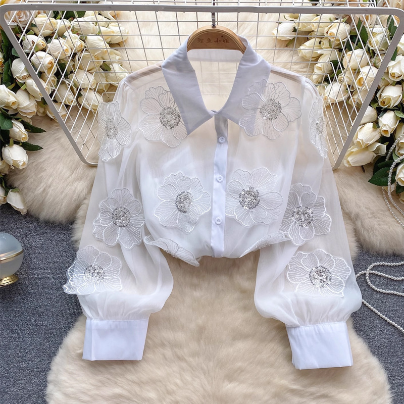 High-end foreign-style heavy-industry beaded sequined three-dimensional flower shirt women's 2024 spring new perspective mesh French top High-end foreign-style heavy-industry beaded sequined three-dimensional flower shirt women's 2024 spring new perspective mesh French top