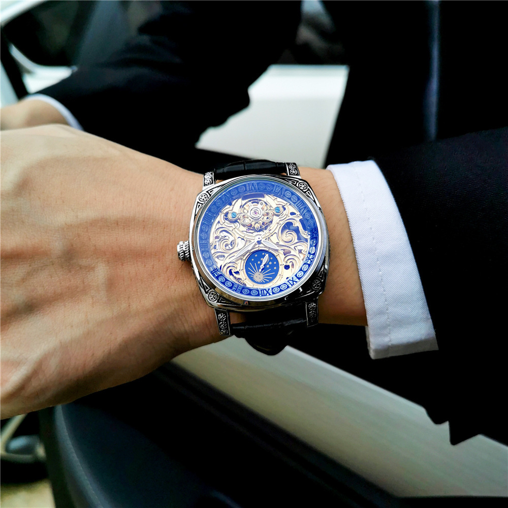 Ogulas reloj mecánico automático cuadrado hueco transparente luminoso luna fase cuero casual hombres azul luz reloj